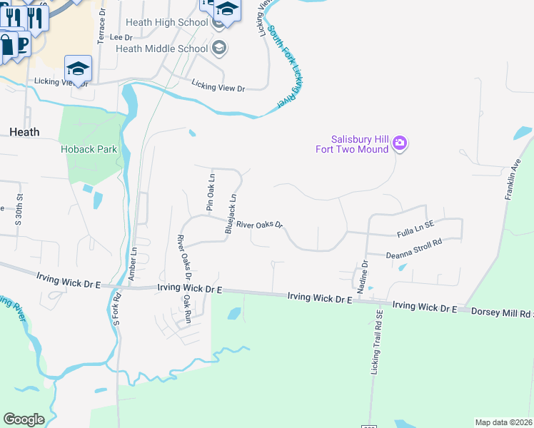 map of restaurants, bars, coffee shops, grocery stores, and more near 327 River Oaks Drive in Heath