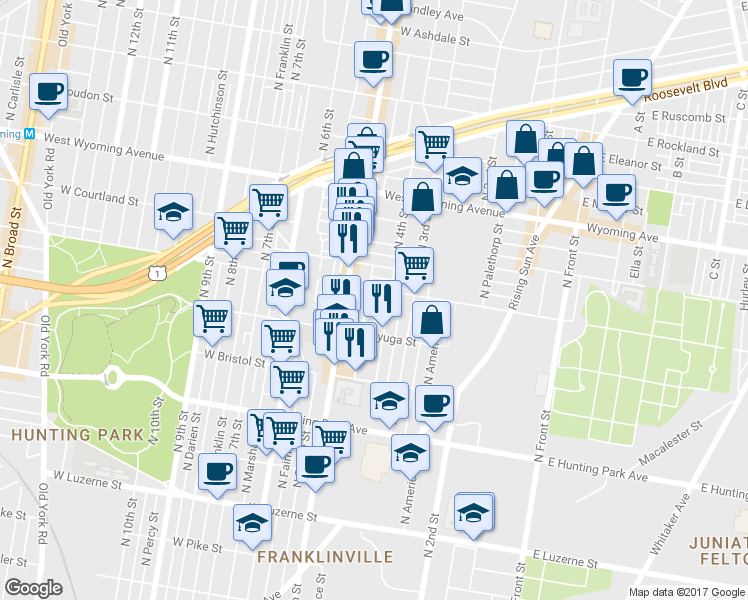 map of restaurants, bars, coffee shops, grocery stores, and more near 4437 North Lawrence Street in Philadelphia