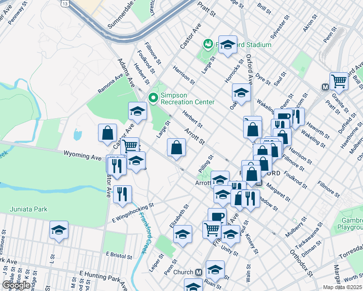map of restaurants, bars, coffee shops, grocery stores, and more near 4656 Horrocks Street in Philadelphia