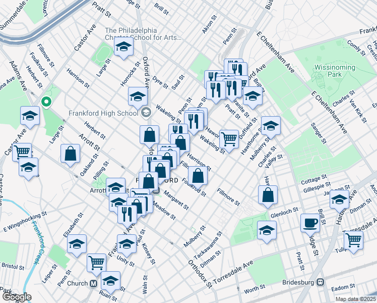 map of restaurants, bars, coffee shops, grocery stores, and more near 1609 Harrison Street in Philadelphia