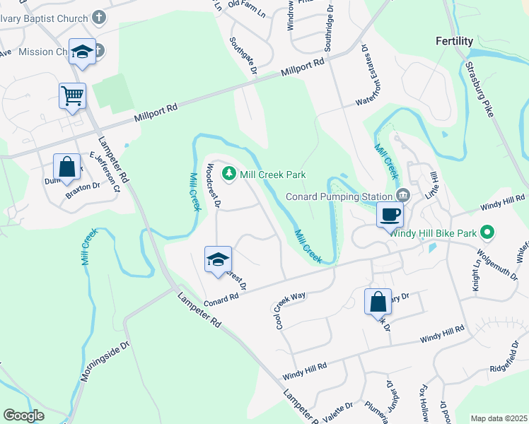 map of restaurants, bars, coffee shops, grocery stores, and more near Woodcrest Drive in Lancaster County