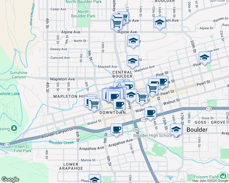 map of restaurants, bars, coffee shops, grocery stores, and more near in Boulder
