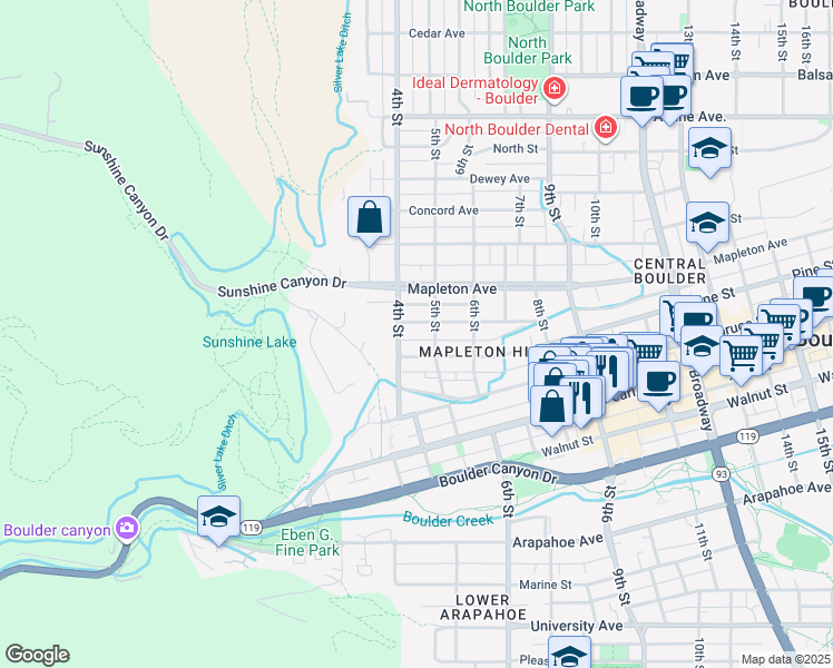 map of restaurants, bars, coffee shops, grocery stores, and more near 421 Pine Street in Boulder