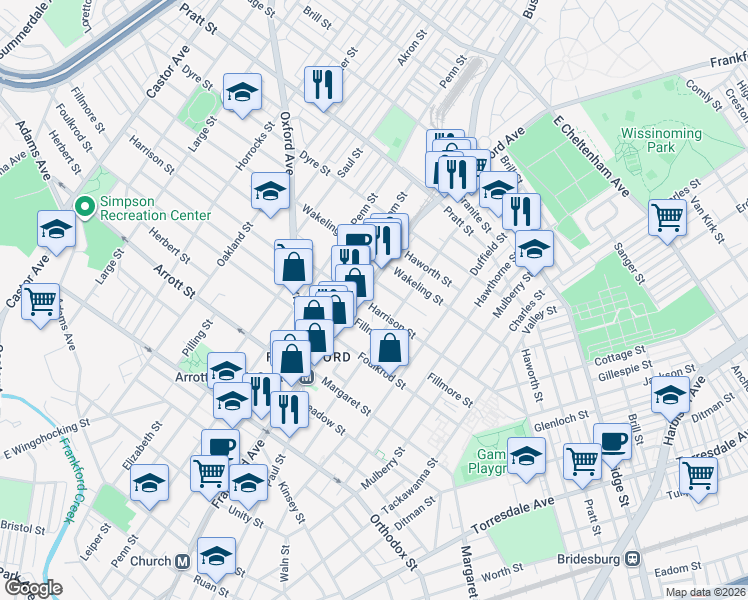 map of restaurants, bars, coffee shops, grocery stores, and more near 1628 Harrison Street in Philadelphia