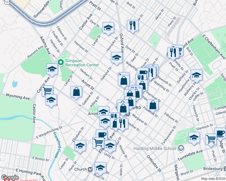 map of restaurants, bars, coffee shops, grocery stores, and more near 4723-25 Leiper Street in Philadelphia