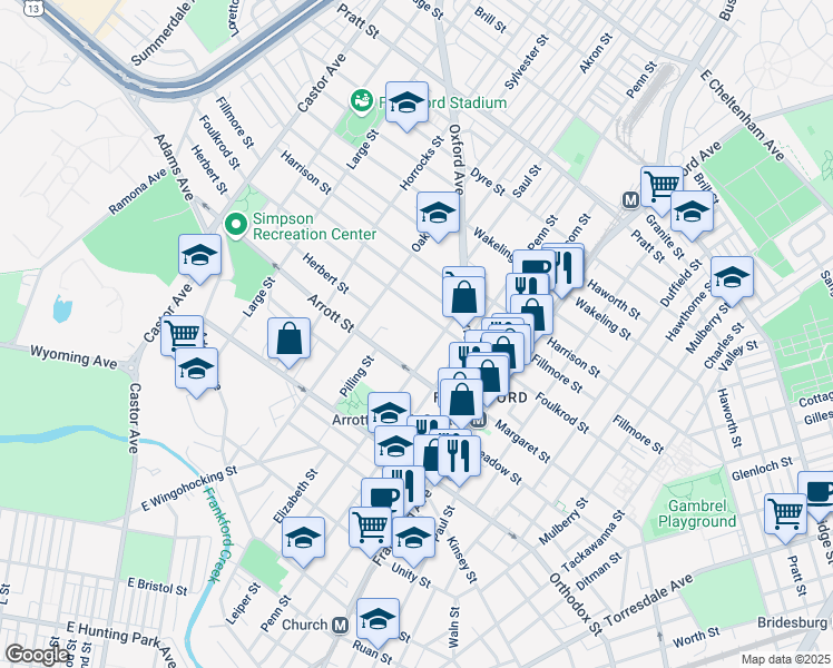 map of restaurants, bars, coffee shops, grocery stores, and more near 4723-25 Leiper Street in Philadelphia