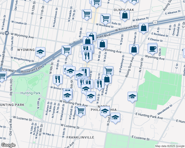 map of restaurants, bars, coffee shops, grocery stores, and more near 4437 North Lawrence Street in Philadelphia
