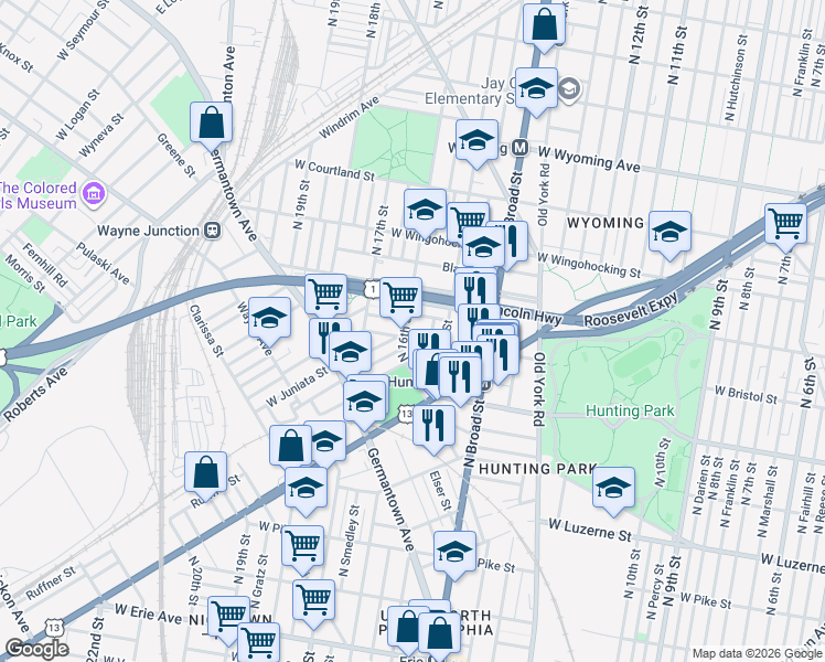 map of restaurants, bars, coffee shops, grocery stores, and more near 4246 North Hicks Street in Philadelphia