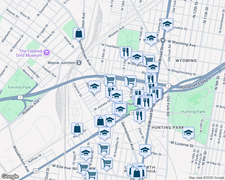 map of restaurants, bars, coffee shops, grocery stores, and more near 1705 West Juniata Street in Philadelphia