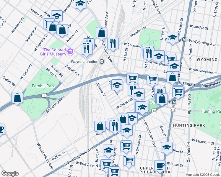 map of restaurants, bars, coffee shops, grocery stores, and more near 2009 Rowan Street in Philadelphia