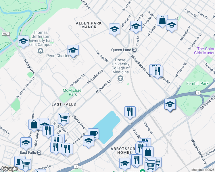 map of restaurants, bars, coffee shops, grocery stores, and more near 3592 Fox Street in Philadelphia