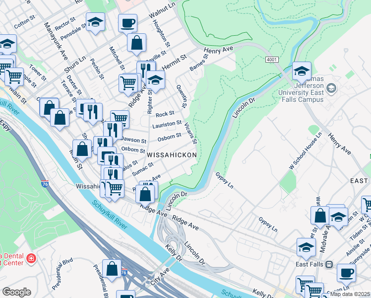 map of restaurants, bars, coffee shops, grocery stores, and more near 260 Rochelle Avenue in Philadelphia