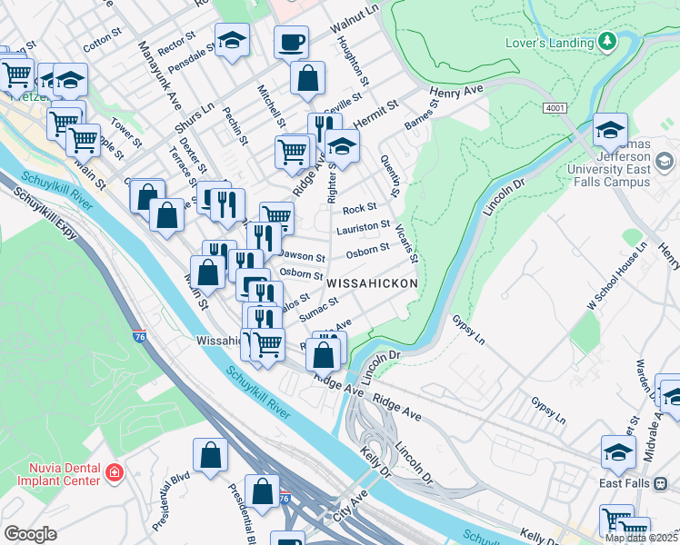 map of restaurants, bars, coffee shops, grocery stores, and more near 204 Osborn Street in Philadelphia
