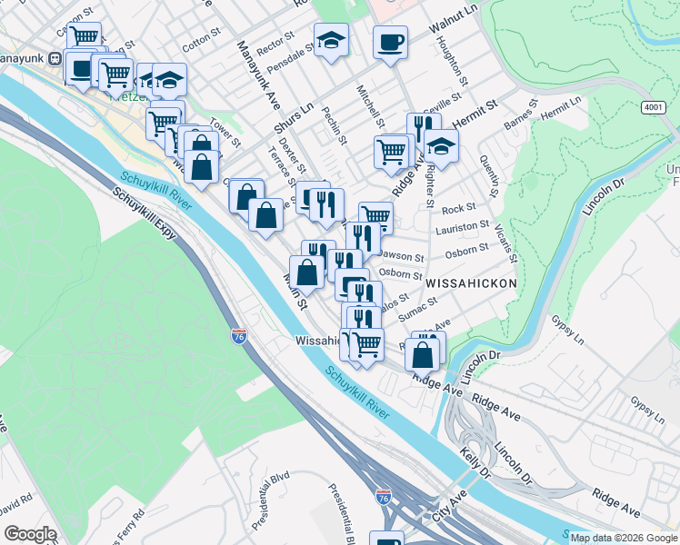 map of restaurants, bars, coffee shops, grocery stores, and more near 139 Vassar Street in Philadelphia