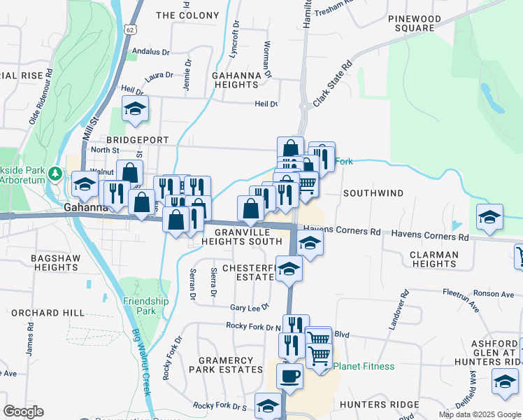 map of restaurants, bars, coffee shops, grocery stores, and more near 346 Rocky Creek Drive in Gahanna