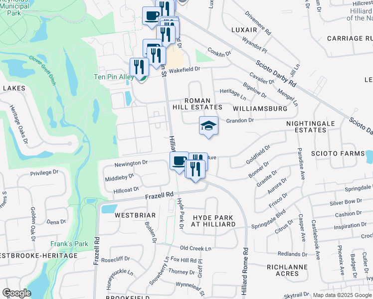map of restaurants, bars, coffee shops, grocery stores, and more near 3342 Hilliard Rome Road in Hilliard