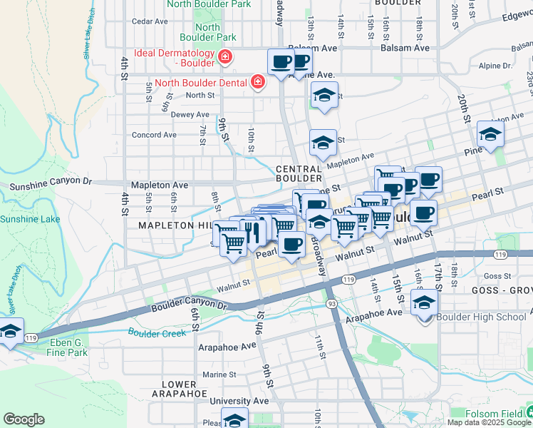 map of restaurants, bars, coffee shops, grocery stores, and more near 934 Spruce Street in Boulder