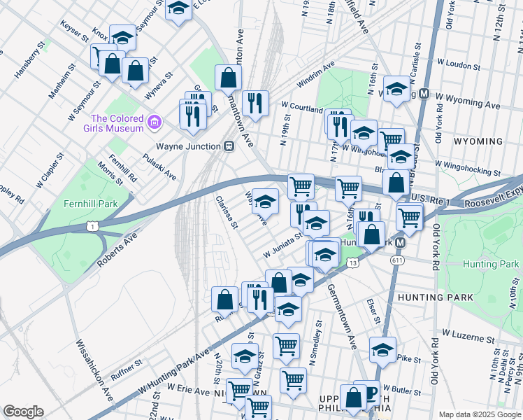 map of restaurants, bars, coffee shops, grocery stores, and more near 1956 Rowan Street in Philadelphia