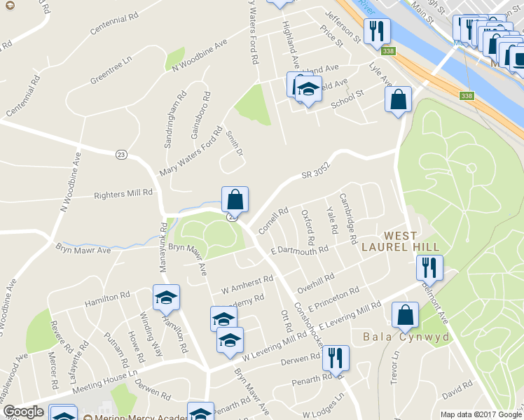 map of restaurants, bars, coffee shops, grocery stores, and more near 26 Rock Hill Road in Bala Cynwyd