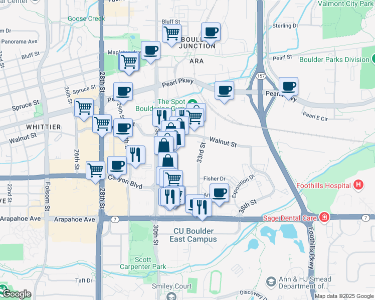 map of restaurants, bars, coffee shops, grocery stores, and more near 1805 33rd St in Boulder