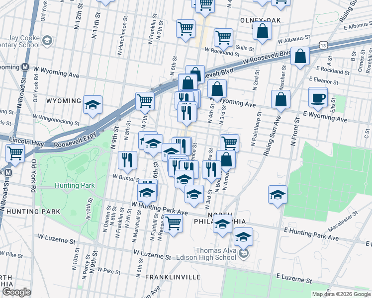 map of restaurants, bars, coffee shops, grocery stores, and more near 433 Purdy Street in Philadelphia
