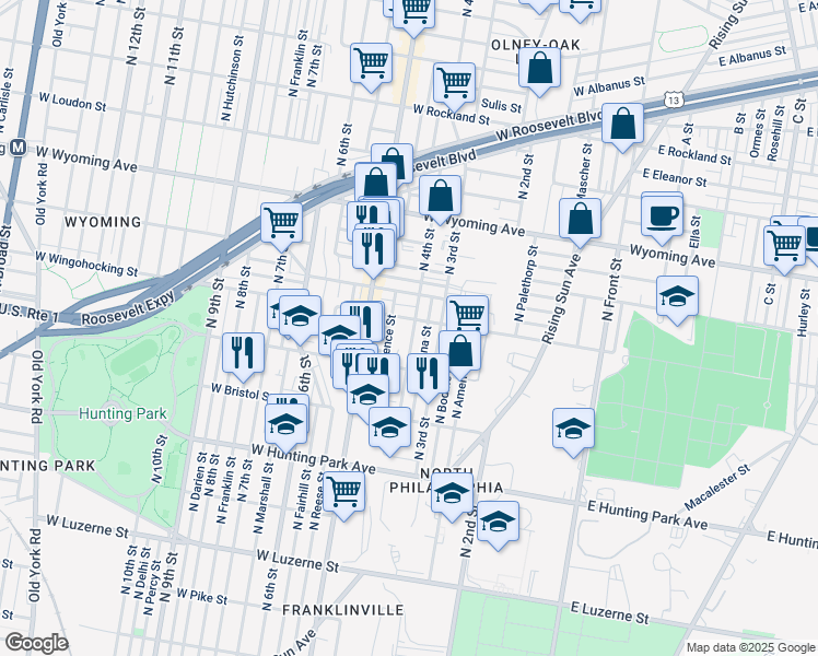 map of restaurants, bars, coffee shops, grocery stores, and more near 4452 North 4th Street in Philadelphia