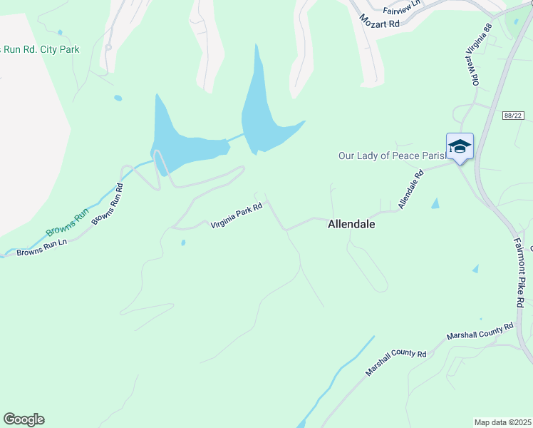 map of restaurants, bars, coffee shops, grocery stores, and more near 69 Virginia Park Road in Wheeling