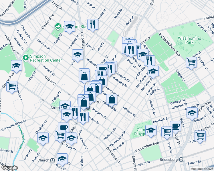 map of restaurants, bars, coffee shops, grocery stores, and more near 1609 Harrison Street in Philadelphia