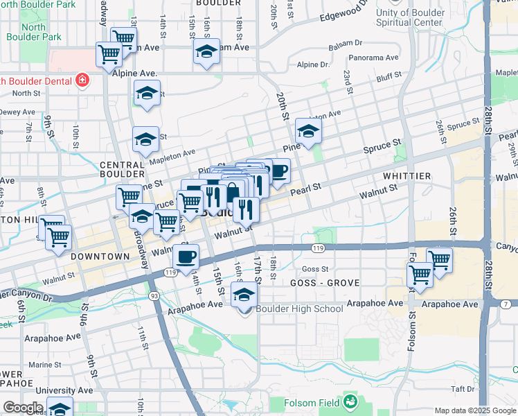 map of restaurants, bars, coffee shops, grocery stores, and more near 1701 Walnut Street in Boulder
