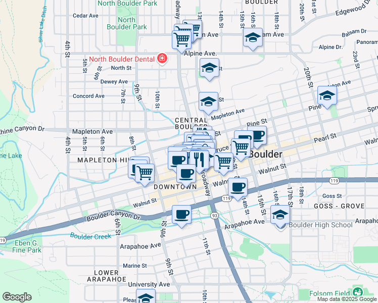 map of restaurants, bars, coffee shops, grocery stores, and more near 2041 Broadway in Boulder