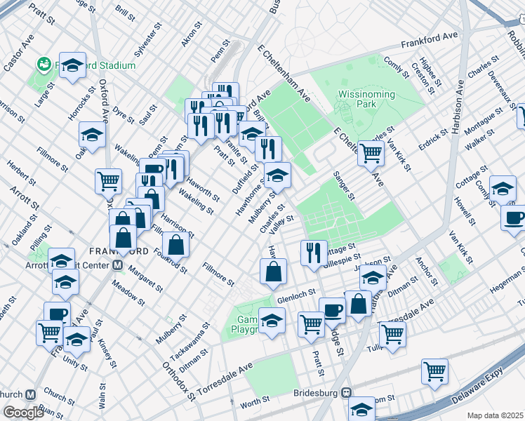 map of restaurants, bars, coffee shops, grocery stores, and more near 1802 Pratt Street in Philadelphia