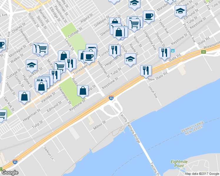map of restaurants, bars, coffee shops, grocery stores, and more near 6401 Keystone Street in Philadelphia