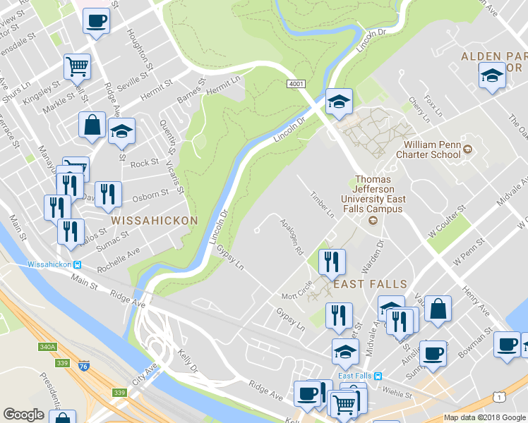 map of restaurants, bars, coffee shops, grocery stores, and more near 4145 Apalogen Road in Philadelphia