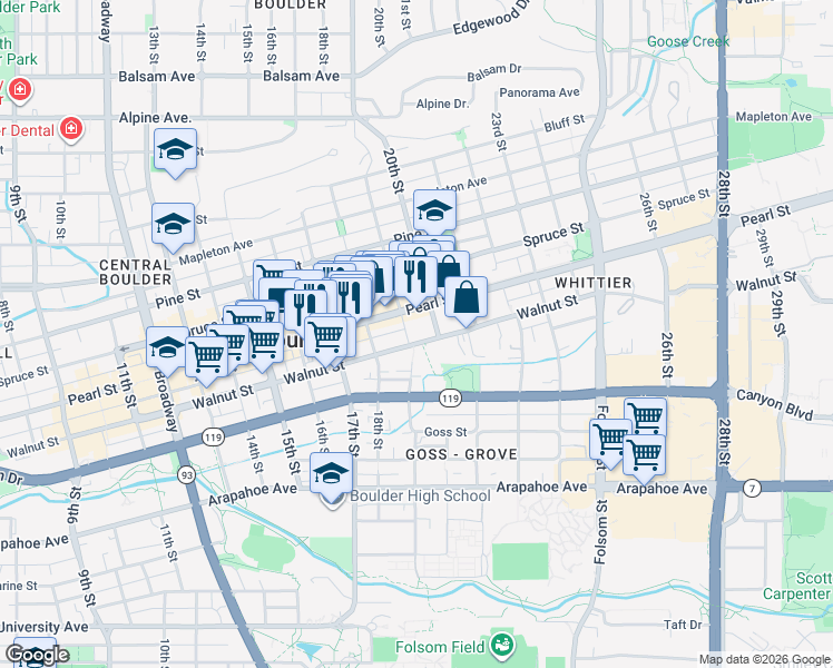map of restaurants, bars, coffee shops, grocery stores, and more near 1920 19th Street in Boulder