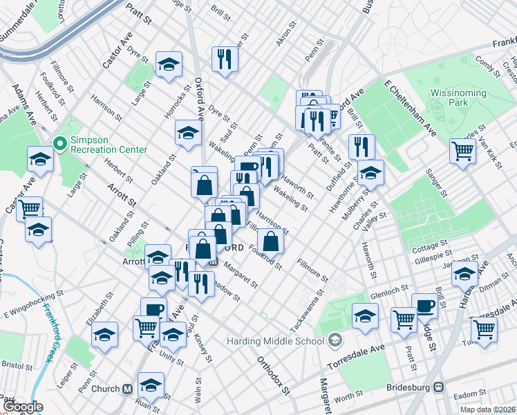 map of restaurants, bars, coffee shops, grocery stores, and more near 1628 Harrison Street in Philadelphia