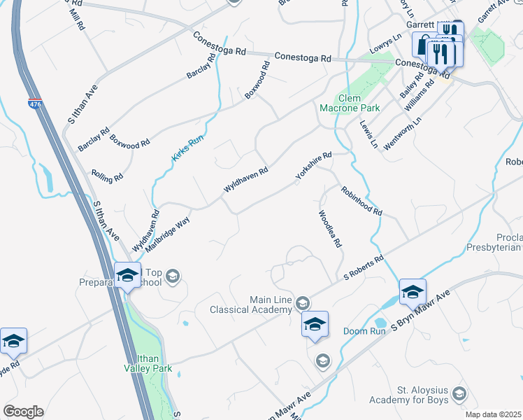 map of restaurants, bars, coffee shops, grocery stores, and more near 409 Yorkshire Road in Bryn Mawr