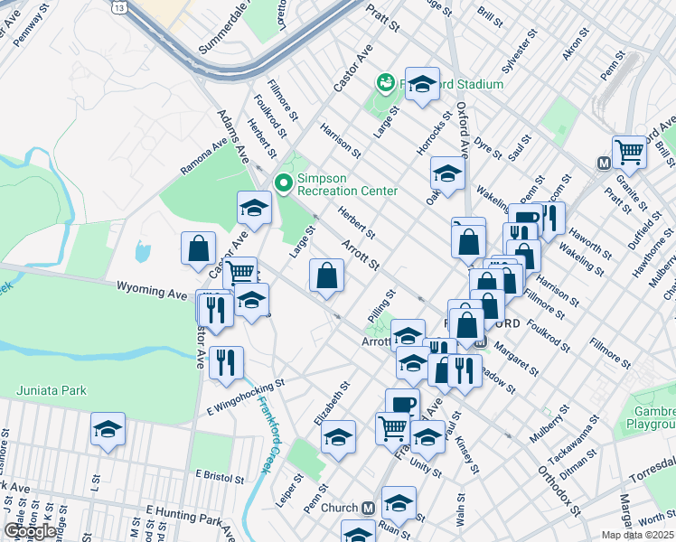 map of restaurants, bars, coffee shops, grocery stores, and more near 4660 Horrocks Street in Philadelphia