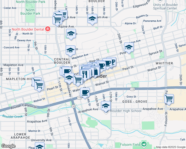 map of restaurants, bars, coffee shops, grocery stores, and more near 1505 Pearl Street in Boulder