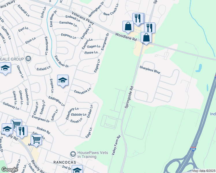 map of restaurants, bars, coffee shops, grocery stores, and more near 45 Elliot Lane in Westampton