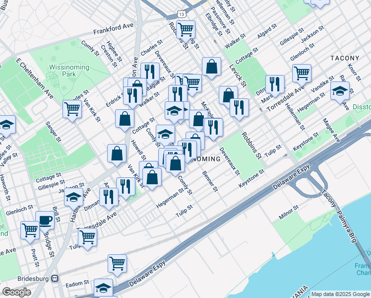 map of restaurants, bars, coffee shops, grocery stores, and more near 4627 Higbee Street in Philadelphia