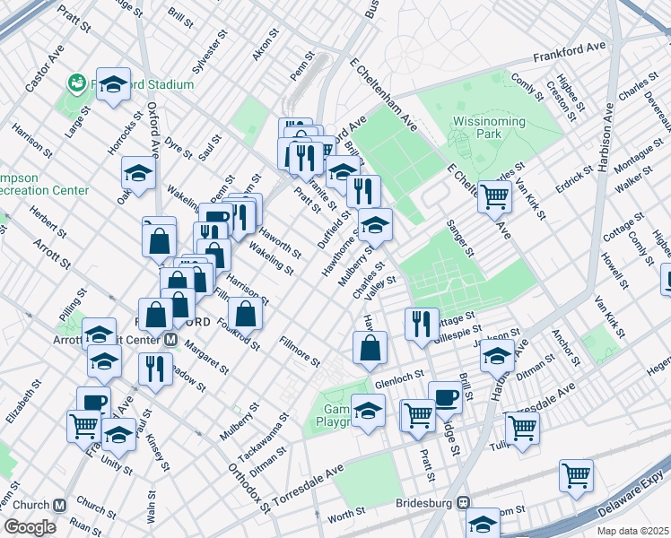 map of restaurants, bars, coffee shops, grocery stores, and more near 5045 Hawthorne Street in Philadelphia