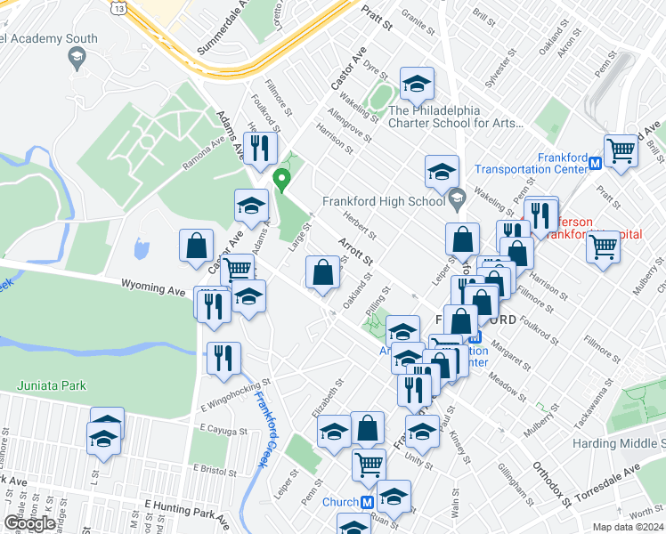 map of restaurants, bars, coffee shops, grocery stores, and more near 4660 Horrocks Street in Philadelphia