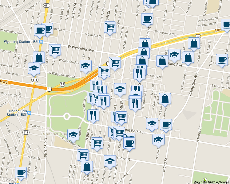 map of restaurants, bars, coffee shops, grocery stores, and more near 4424 N Marshall St in Philadelphia