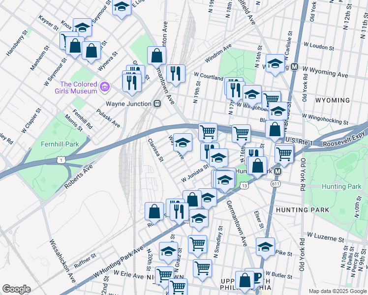 map of restaurants, bars, coffee shops, grocery stores, and more near 1946 Rowan Street in Philadelphia