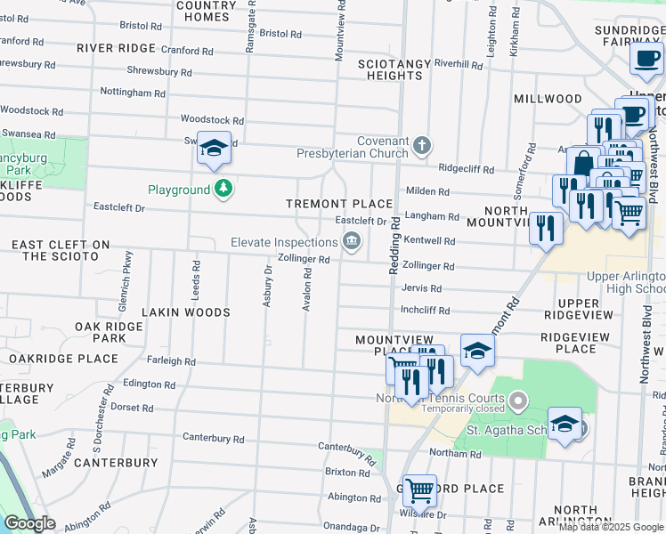 map of restaurants, bars, coffee shops, grocery stores, and more near 3093 Mountview Road in Upper Arlington