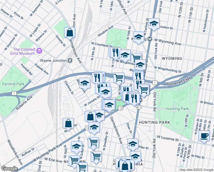 map of restaurants, bars, coffee shops, grocery stores, and more near 1709 West Bristol Street in Philadelphia