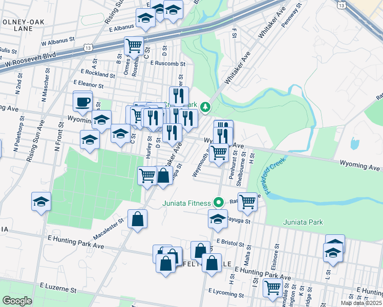 map of restaurants, bars, coffee shops, grocery stores, and more near 4629 Tampa Street in Philadelphia