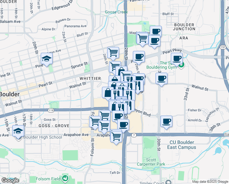 map of restaurants, bars, coffee shops, grocery stores, and more near 1789 28th St in Boulder