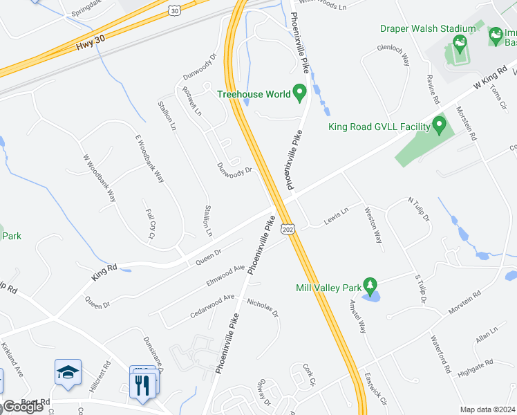 map of restaurants, bars, coffee shops, grocery stores, and more near 1221 King Road in West Chester