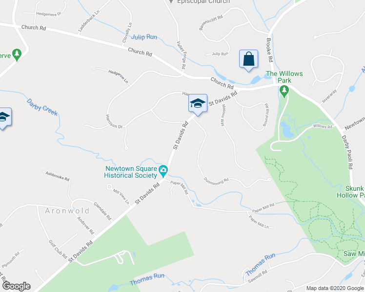 map of restaurants, bars, coffee shops, grocery stores, and more near 3312 Saint Davids Road in Newtown Square